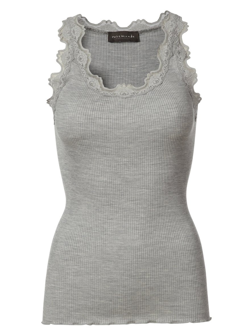 Babette Classic Silk Top With Lace - Light Grey