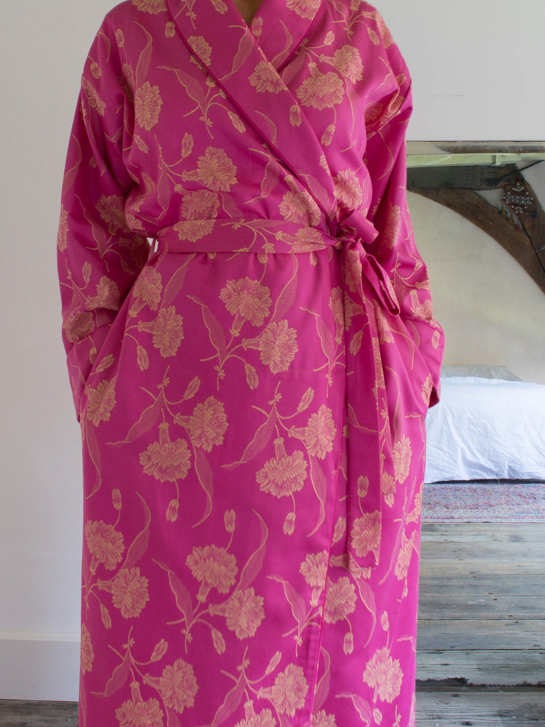 Elegant Dressing Gown Dark Pink With Golden Yellow