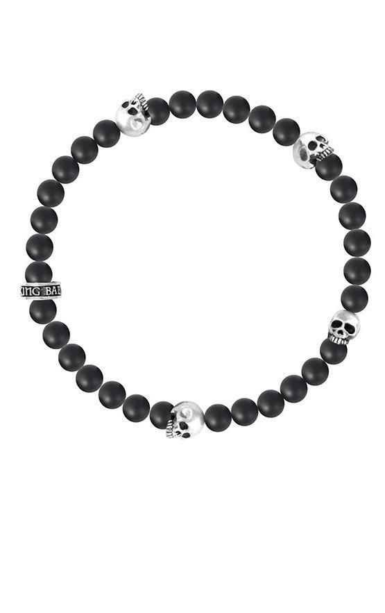 6mm Onyx Bead Bracelet With 4 Skulls