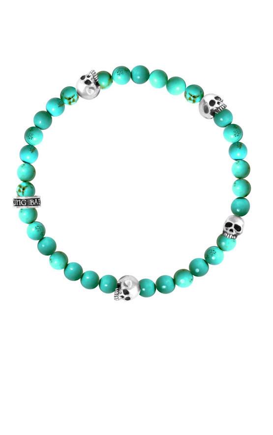 6mm Turquoise Bead Bracelet With 4 Skulls