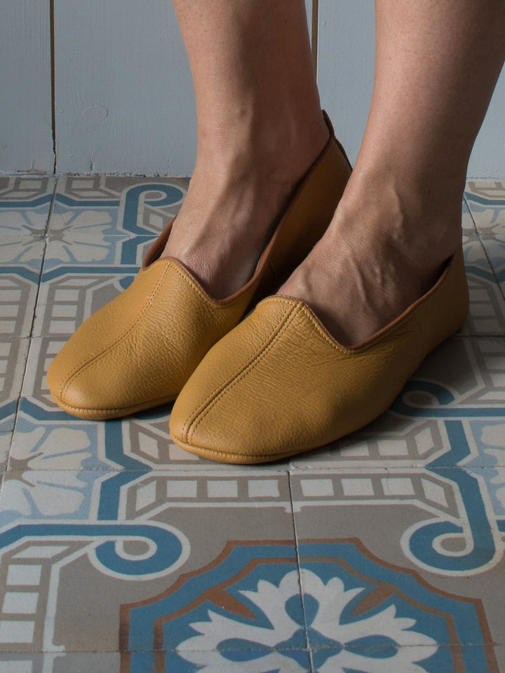 Leather Slippers in Ocher Yellow