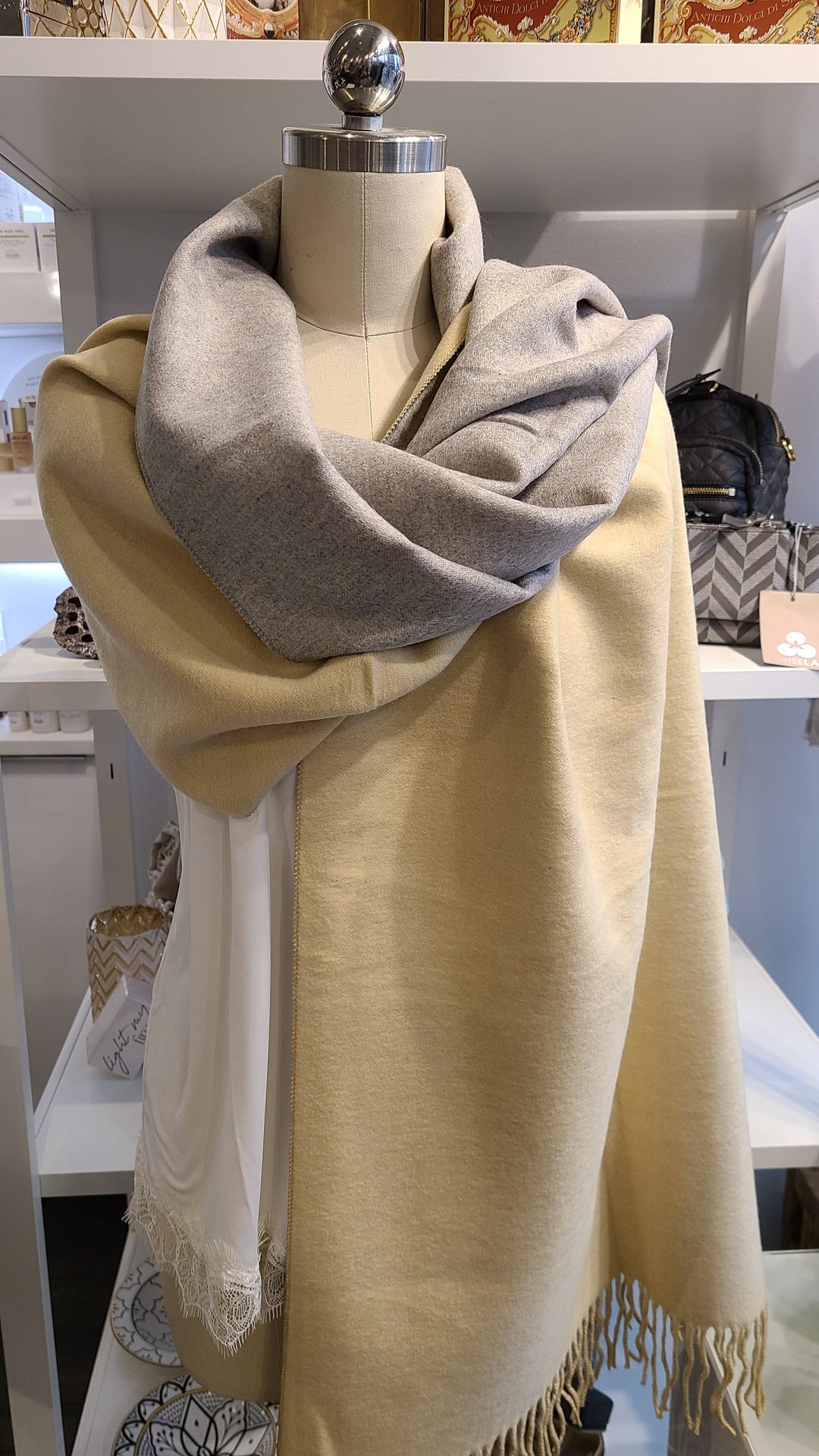 Reversible Cashmere Scarf - Beige & Grey