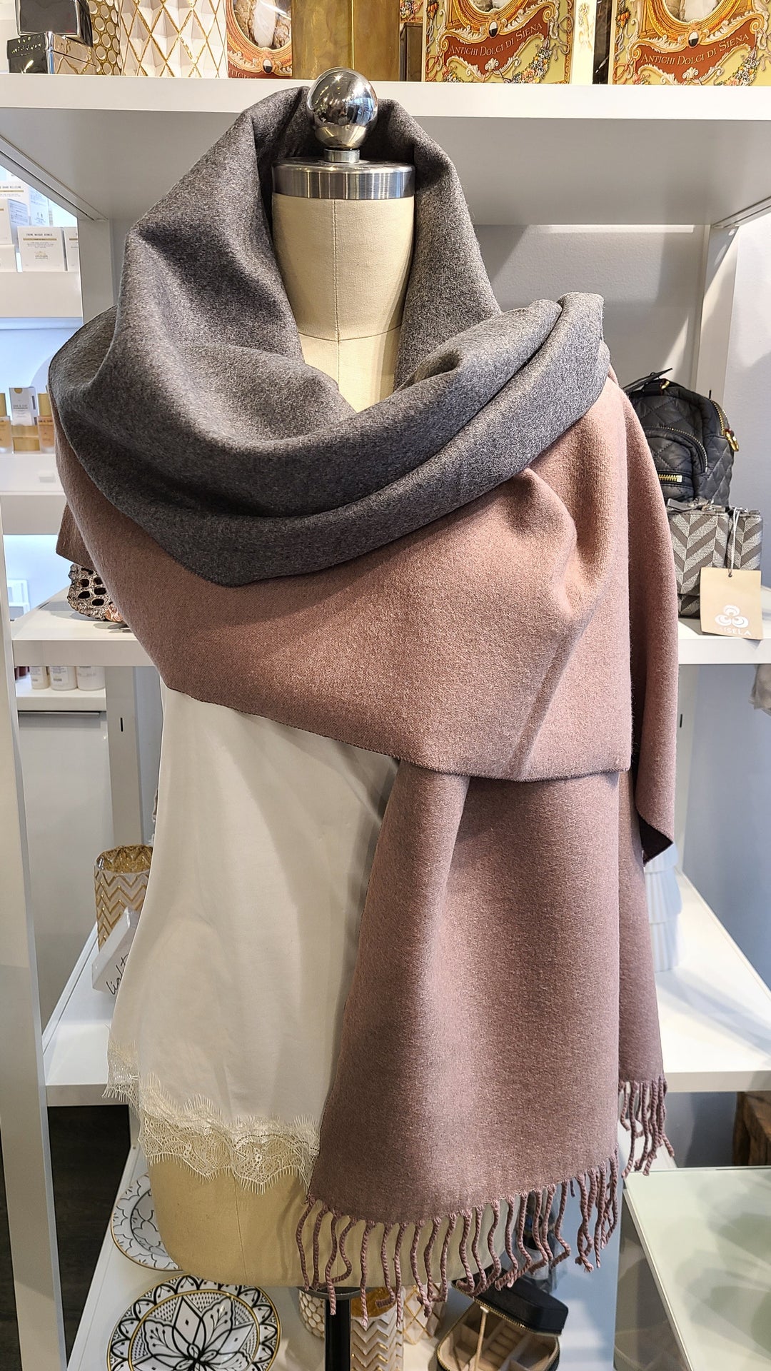 Reversible Cashmere Scarf - Dusty Pink & Grey