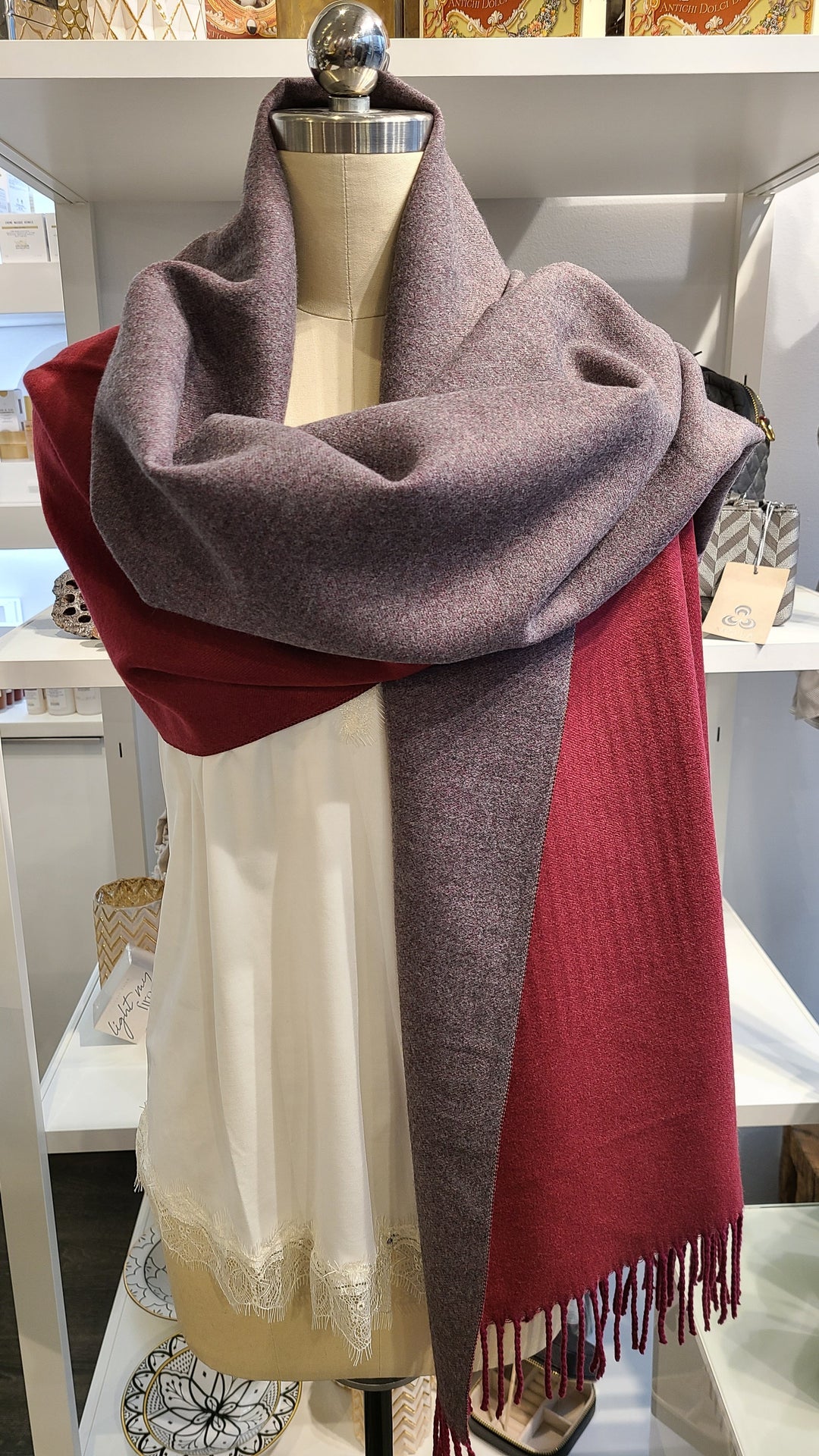 Reversible Cashmere Scarf - Cherry & Grey