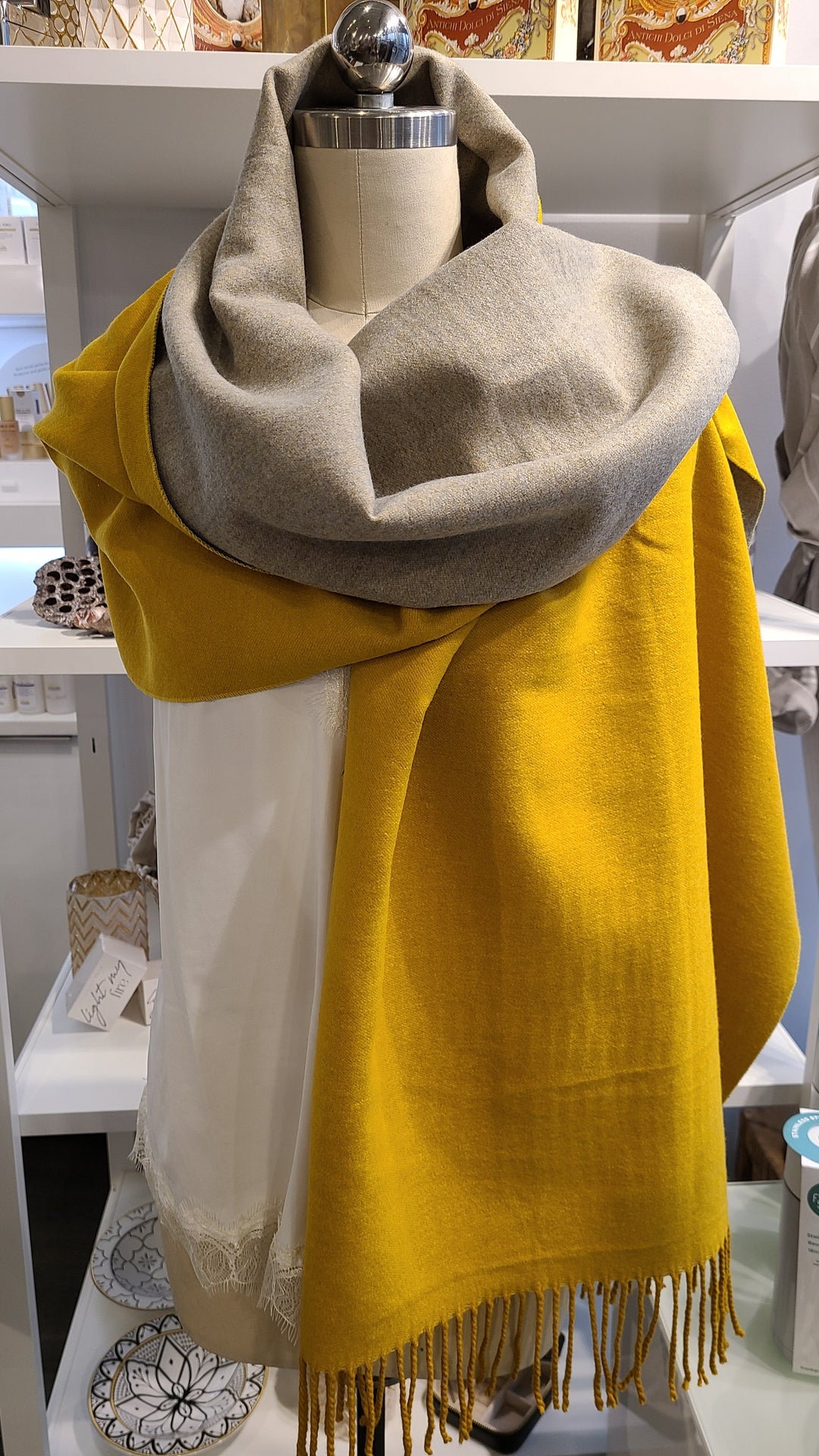 Reversible Cashmere Scarf - Mustard & Beige