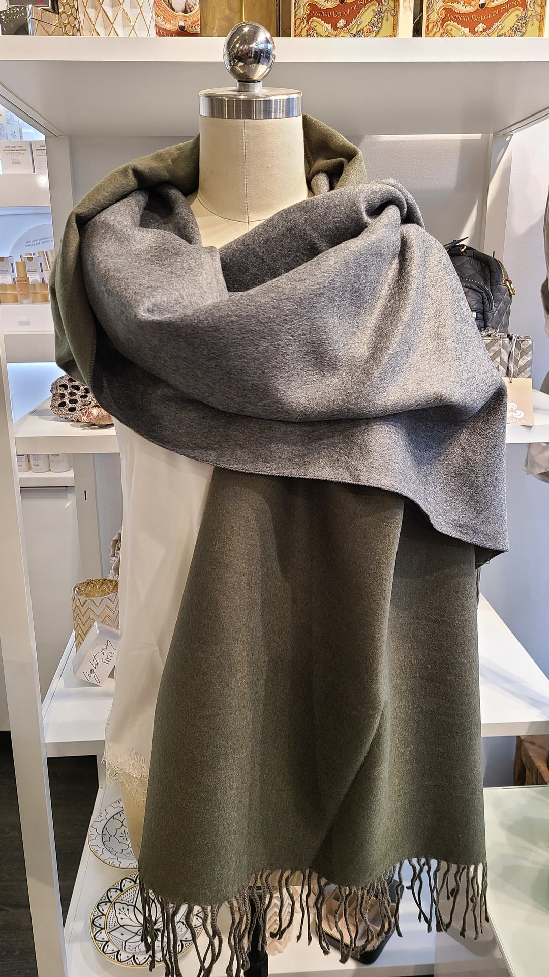 Reversible Cashmere Scarf - Olive & Grey