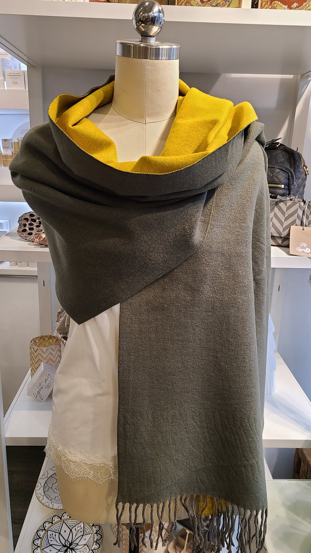 Reversible Cashmere Scarf - Olive & Yellow