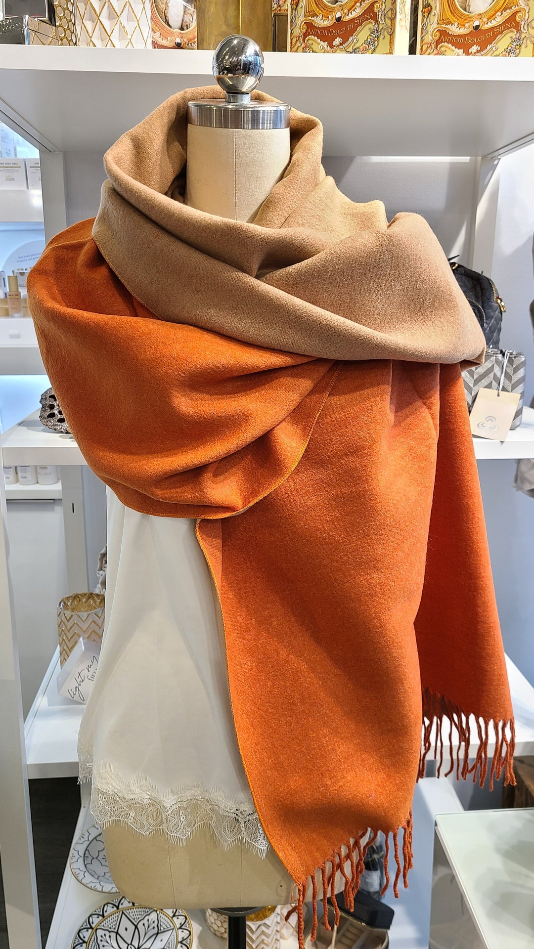 Reversible Cashmere Scarf - Orange & Light Brown