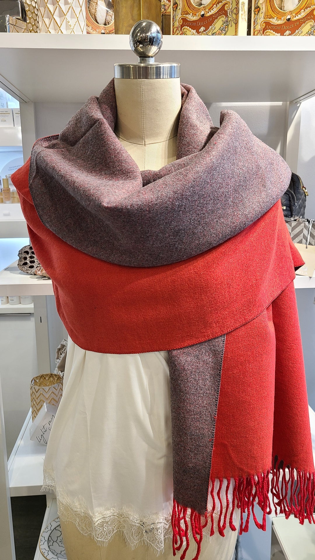 Reversible Cashmere Scarf - Red & Grey
