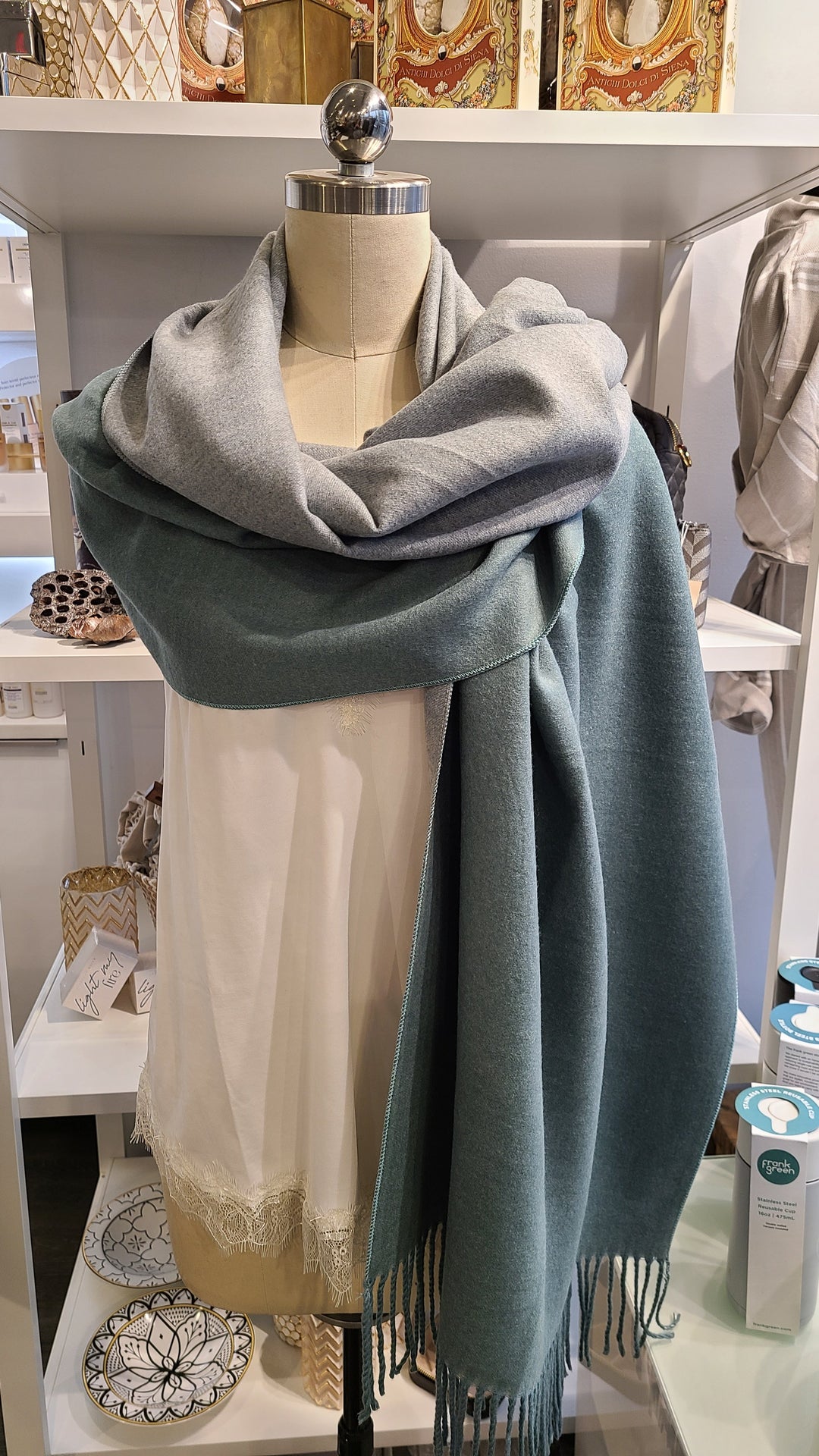 Reversible Cashmere Scarf - Teal & Grey