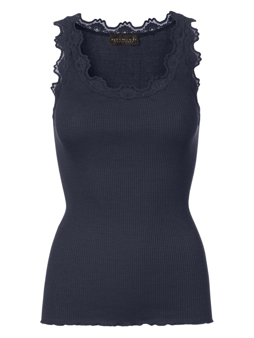 Babette Classic Silk Top With Lace - Navy