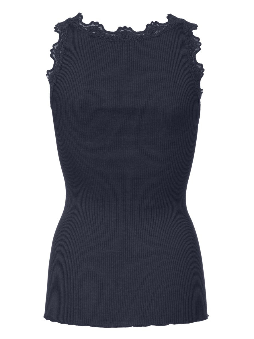 Babette Classic Silk Top With Lace - Navy