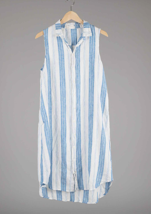 Mara Sleeveless Dress in White With Blue Stripes